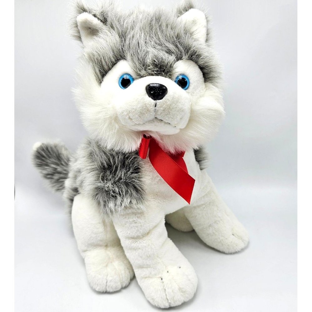 Walmart Husky Puppy Dog Plush Stuffed Animal 14" Gray White Red Bow Sitting